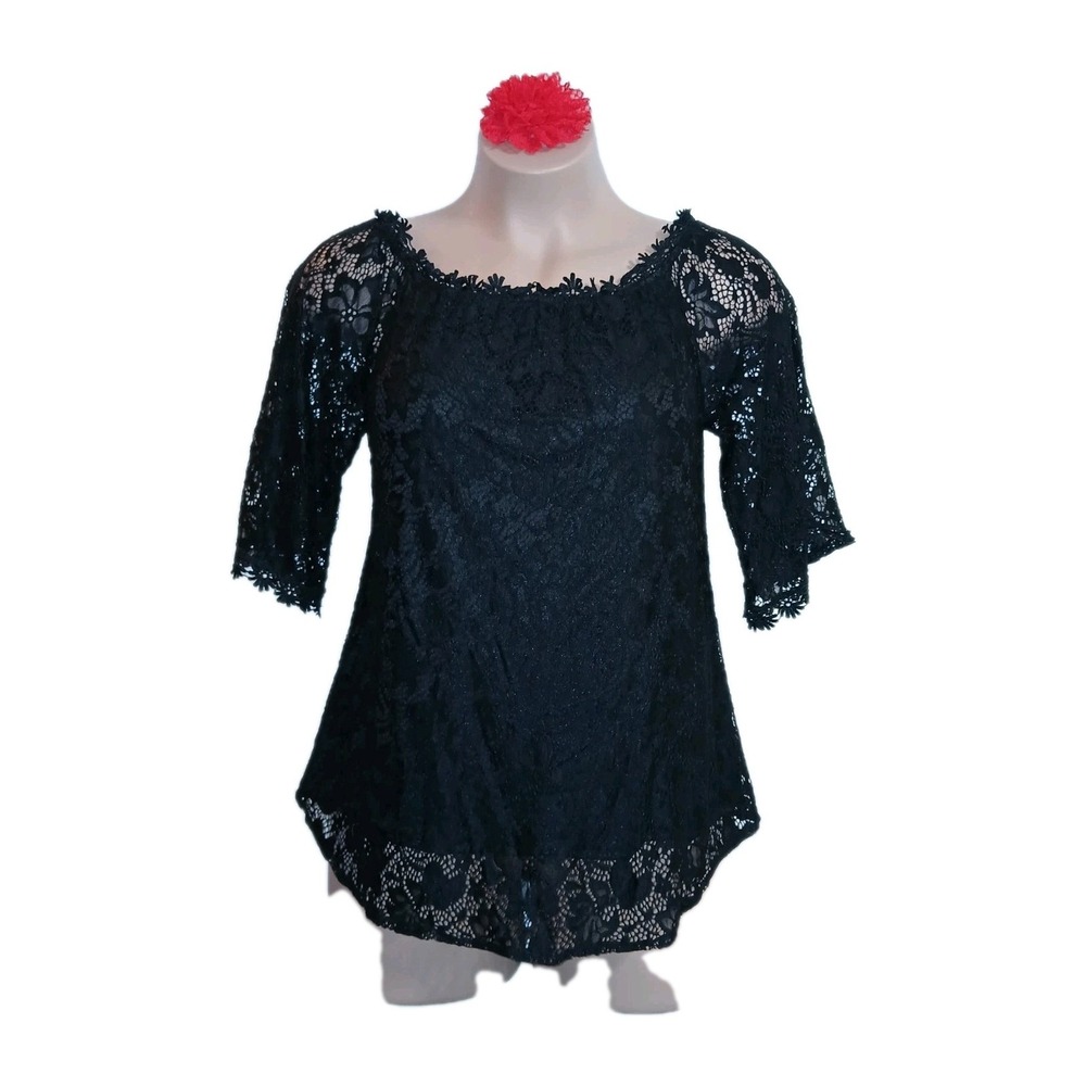 Miholl Women Off Shoulder Lace Top XXL Black Floral Date Night Sexy Romantic
